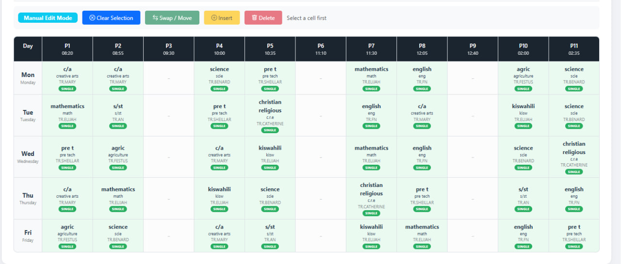 Sample Timetable Generated by Soma Timetables